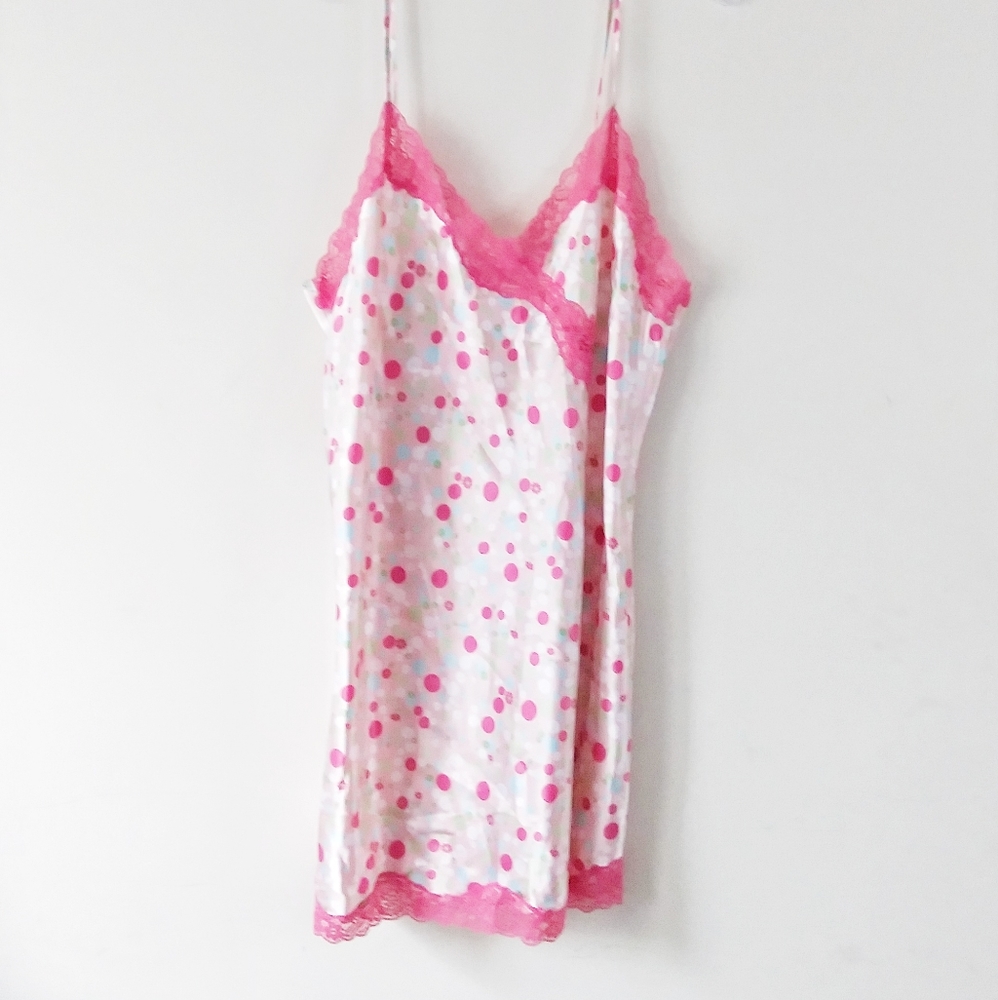 Pink Y2K satin polka dot lace trim lingerie top slip dress SZ EX 16/18